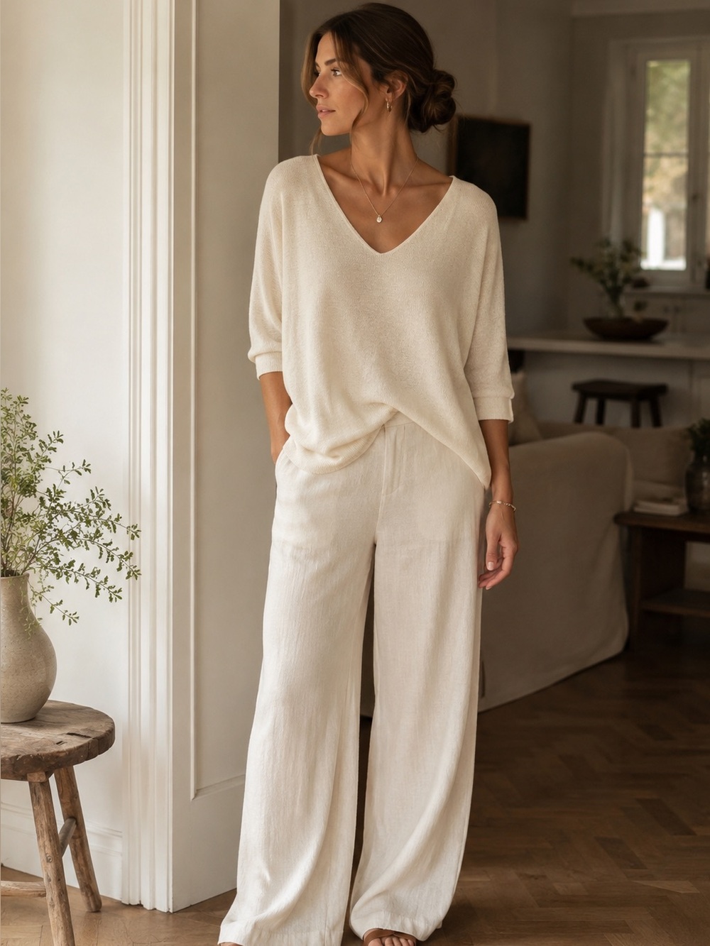 WHITE LABEL by The White Company Linen Blend Oversized V-Neck Sweater — Size L